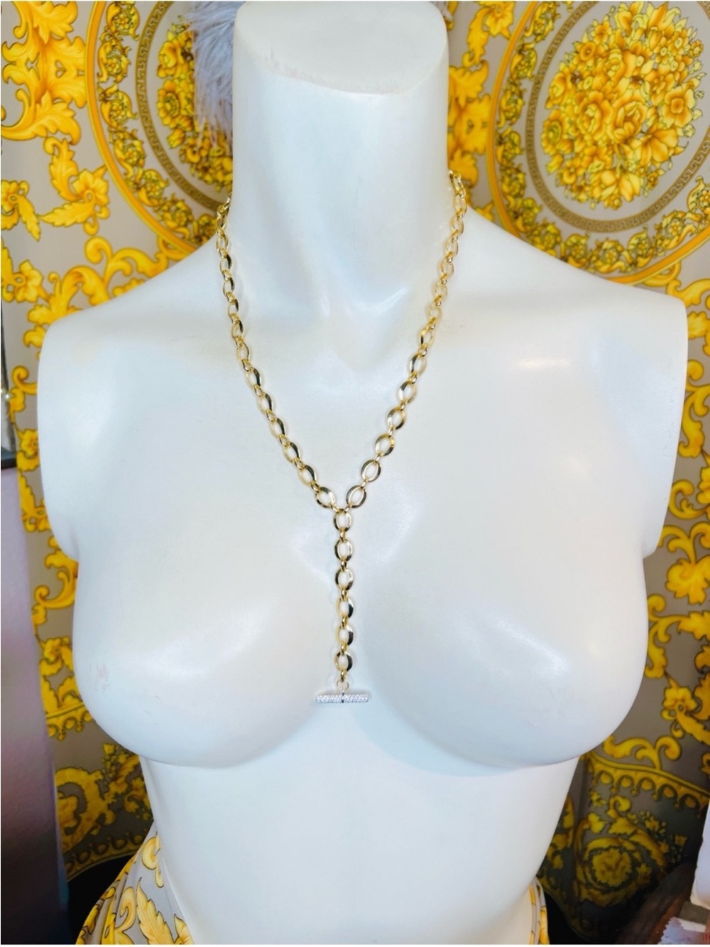 18k White Yellow gold two tone CZ 💎 Bar Y lariat 16" to 18" oval link necklace